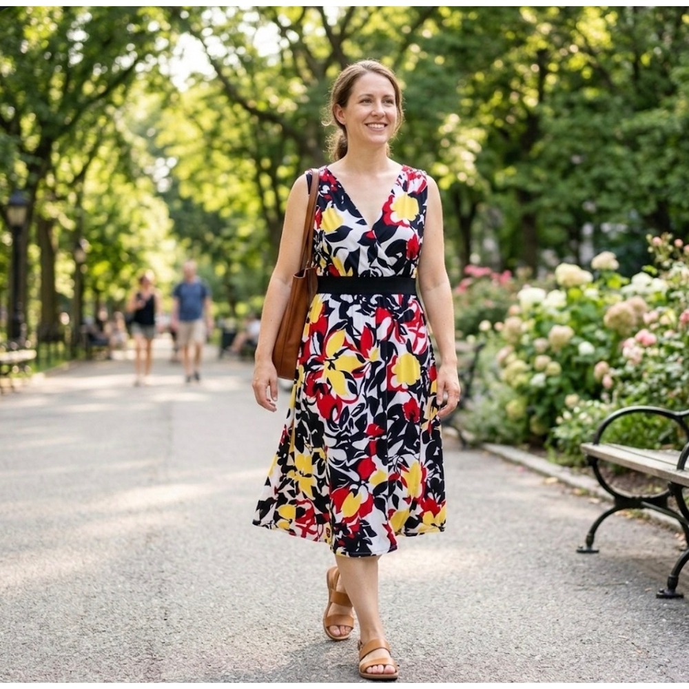 Madison Studio Bright Colorful Sleeveless V-Neck Front Back MIDI Dress Size 14‎